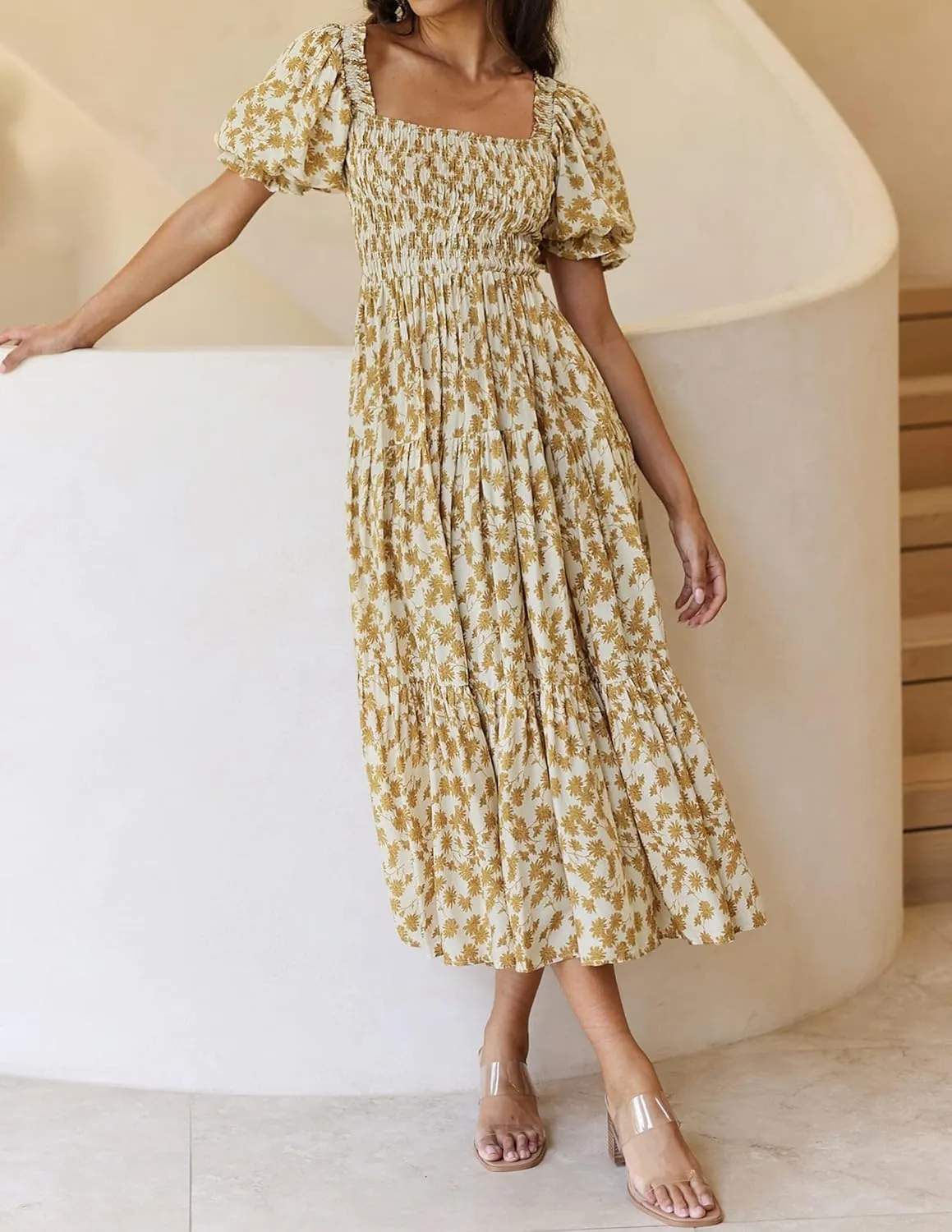 ZESICA Women's 2025 Summer Boho Floral Print Square Neck Ruffle Swing Beach Long Maxi Dress