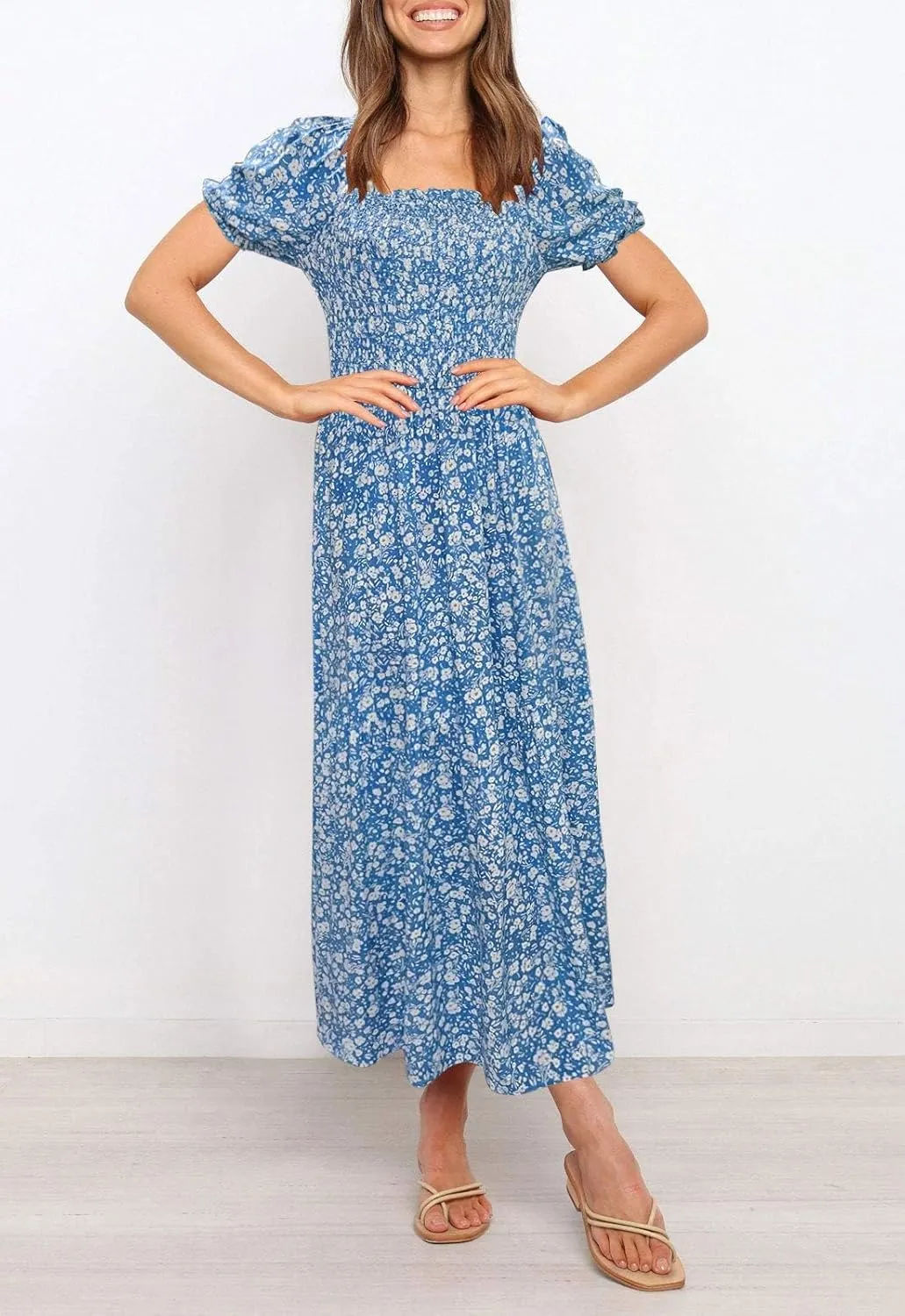 ZESICA Women's 2025 Summer Boho Floral Print Square Neck Ruffle Swing Beach Long Maxi Dress
