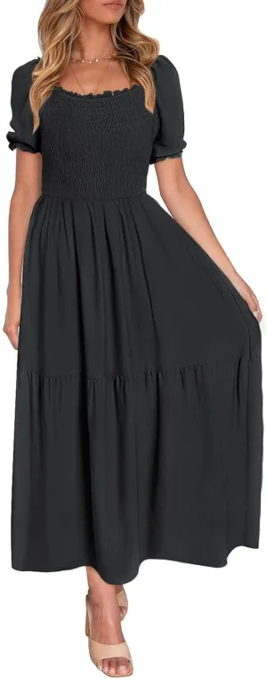 ZESICA Women's 2025 Summer Boho Floral Print Square Neck Ruffle Swing Beach Long Maxi Dress