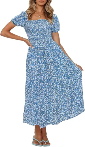 ZESICA Women's 2025 Summer Boho Floral Print Square Neck Ruffle Swing Beach Long Maxi Dress