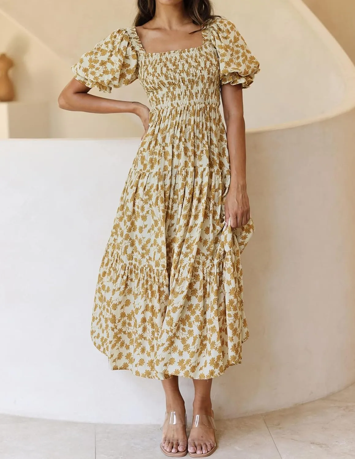 ZESICA Women's 2025 Summer Boho Floral Print Square Neck Ruffle Swing Beach Long Maxi Dress