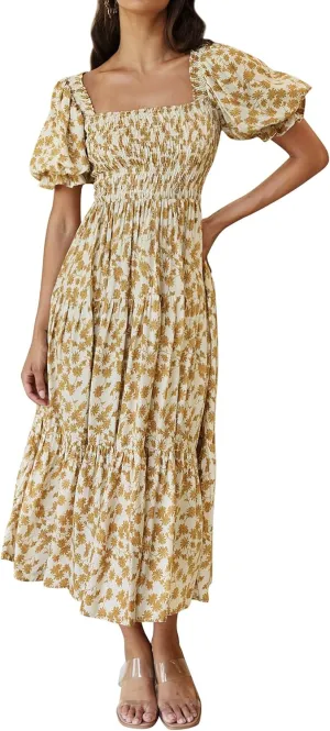 ZESICA Women's 2025 Summer Boho Floral Print Square Neck Ruffle Swing Beach Long Maxi Dress