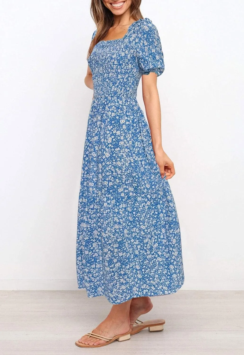 ZESICA Women's 2025 Summer Boho Floral Print Square Neck Ruffle Swing Beach Long Maxi Dress