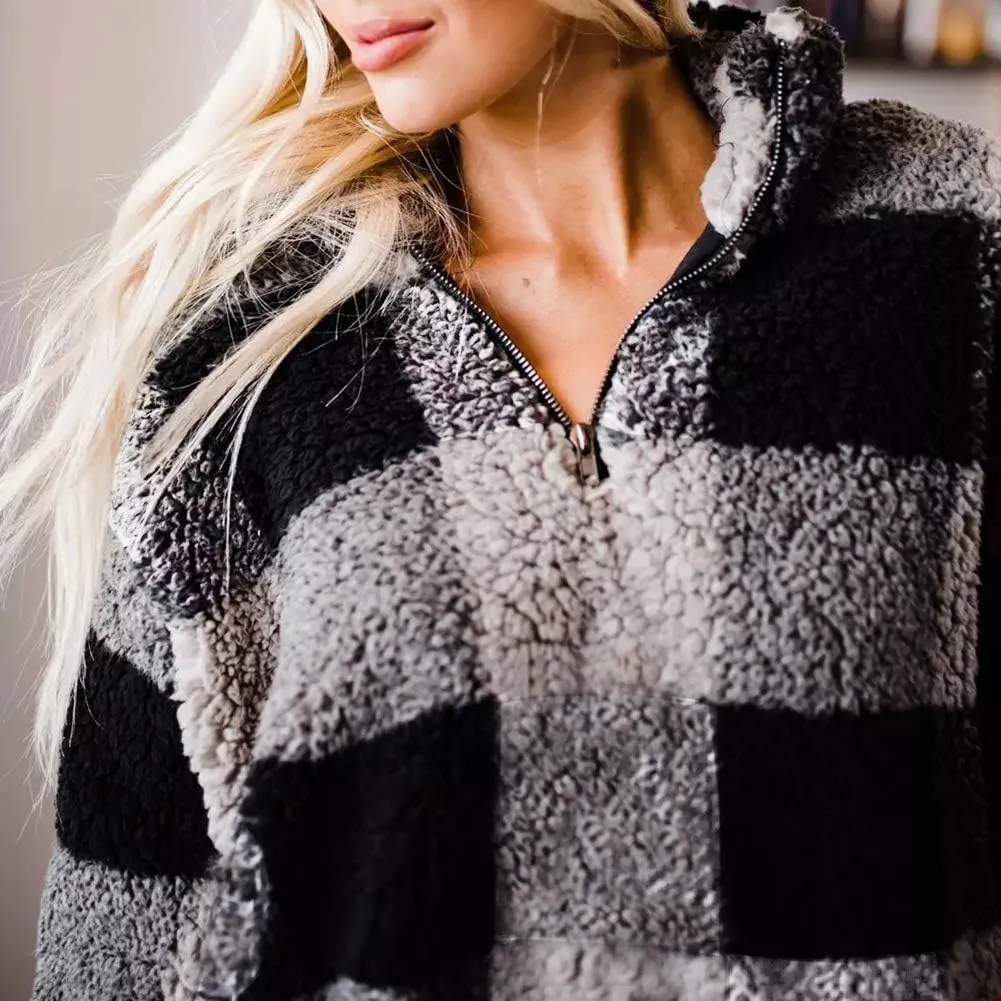 ZESICA Women's Plaid Long Sleeve Zipper Sherpa Fleece Sweatshirt Pullover Jacket Coat with Pockets