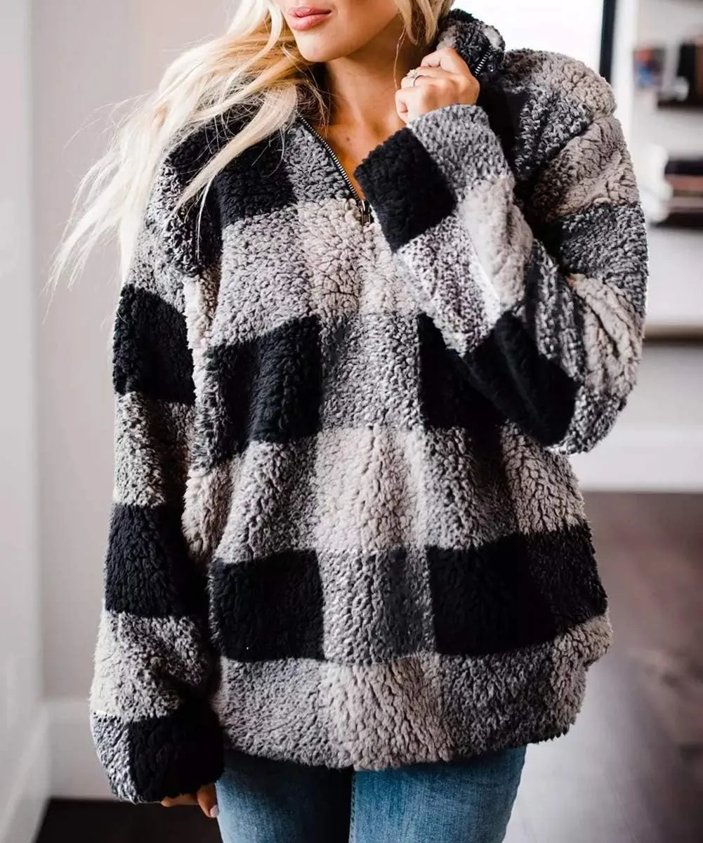 ZESICA Women's Plaid Long Sleeve Zipper Sherpa Fleece Sweatshirt Pullover Jacket Coat with Pockets