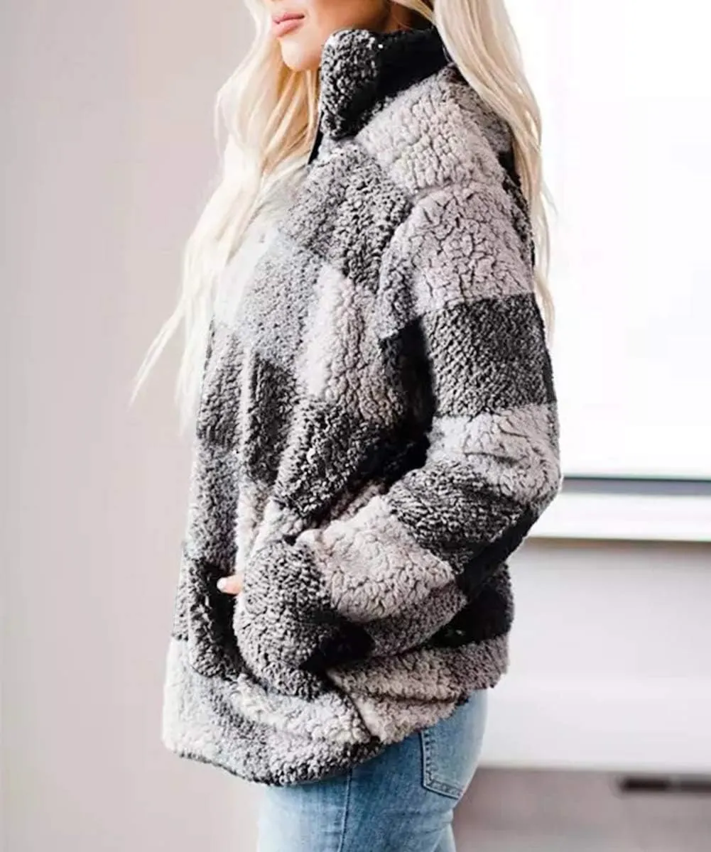 ZESICA Women's Plaid Long Sleeve Zipper Sherpa Fleece Sweatshirt Pullover Jacket Coat with Pockets