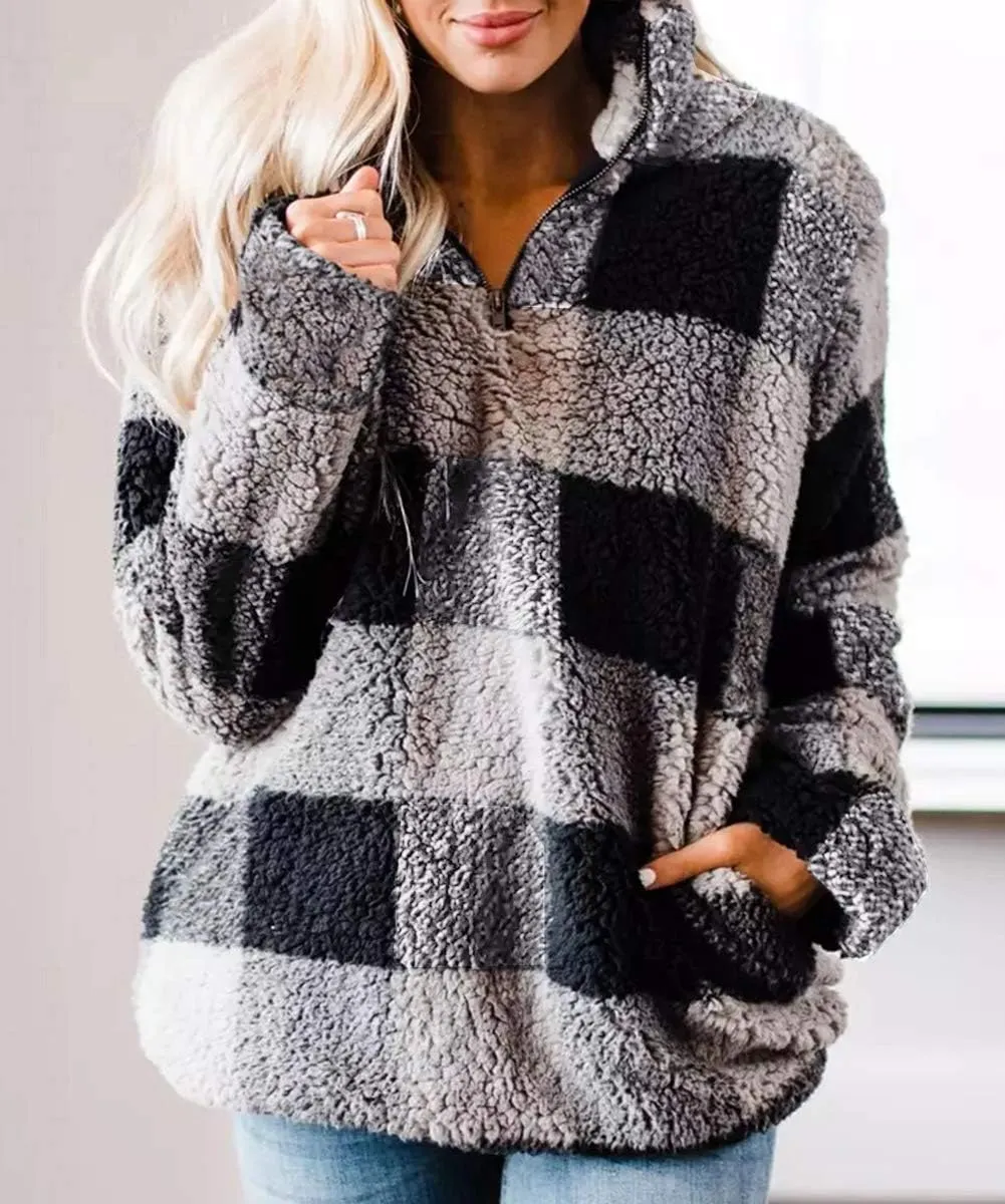 ZESICA Women's Plaid Long Sleeve Zipper Sherpa Fleece Sweatshirt Pullover Jacket Coat with Pockets